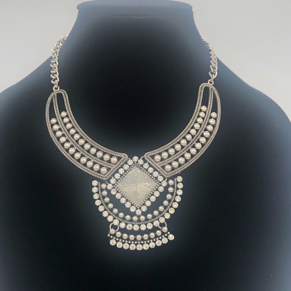Statement Bib Necklace Silver Tone w/ Rhinestones